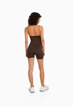 BERSHKA Seamless With Cut Neckline Cycling- Jumpsuit - Brown -Bershka 9a7dc338e18e4b38bb1b53b9c2ed3601