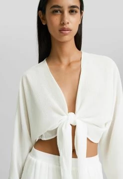 BERSHKA Long Sleeve Knotted- Blouse - White -Bershka 9aa2b04b6f5e424e8ca4a9be72e529c9
