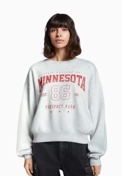 BERSHKA Printed - Sweater - Mottled Grey