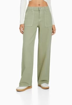 BERSHKA Elastic Waistband And Pocket- Flared Jeans - Khaki