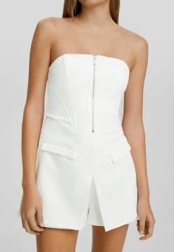BERSHKA Tailored Zipped Bandeau- Jumpsuit - White