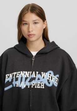 BERSHKA Printed With Puffer Hoodie - Sweater Met Rits - Dark Grey -Bershka a127dbb60620426eb7bb6419ec76a46a