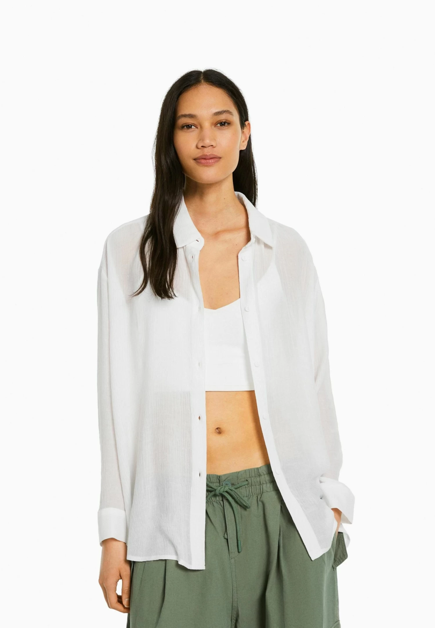 BERSHKA Long Sleeve - Overhemdblouse - White 1 BERSHKA Long Sleeve - Overhemdblouse - White
