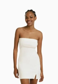 BERSHKA Comfort Bandeau Neckline- Etui-Jurk - Offwhite