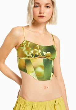 BERSHKA Bengalina Print Corset- Top - Green -Bershka a41c07fa9a1b41ce994b04cfef1125fe