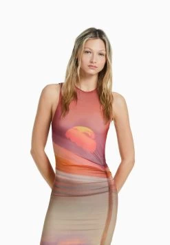 BERSHKA Sleeveless Printed - Etui-Jurk - Orange -Bershka a540cda03d1140de8358aaab8d9e7c22