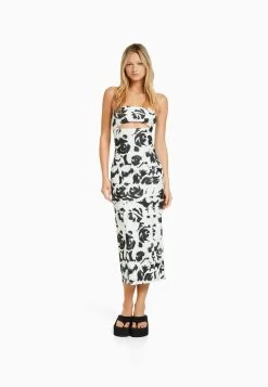 BERSHKA Printed Cut-Out - Etui-Jurk - Black/White