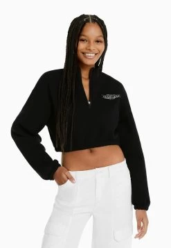 BERSHKA Zip - Sweater - Black