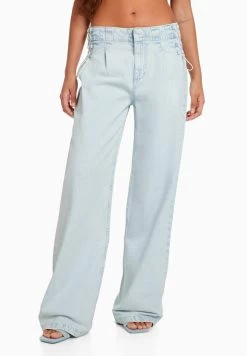 BERSHKA Wide Leg90S Tie- Straight Leg Jeans - Light Blue