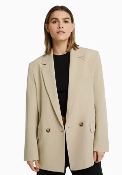 BERSHKA Regular­Fit Tailored - Feminine-Cut Double-Breasted - Halflange Jas - Sand