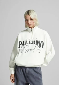 BERSHKA Zip - Print - Sweater - Beige