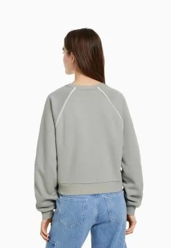 BERSHKA Round Neck Contrast - Print- Sweater - Dark Grey -Bershka abf17aab13c84babb83d26f97d4efaf8