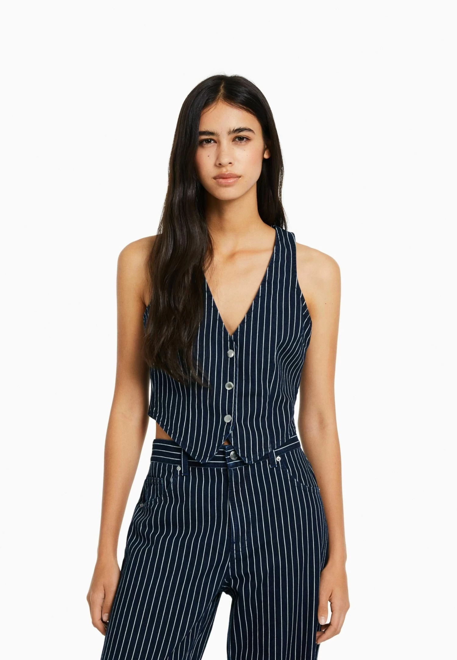 BERSHKA Printripe - Bodywarmer - Dark Blue 1 BERSHKA Printripe - Bodywarmer - Dark Blue