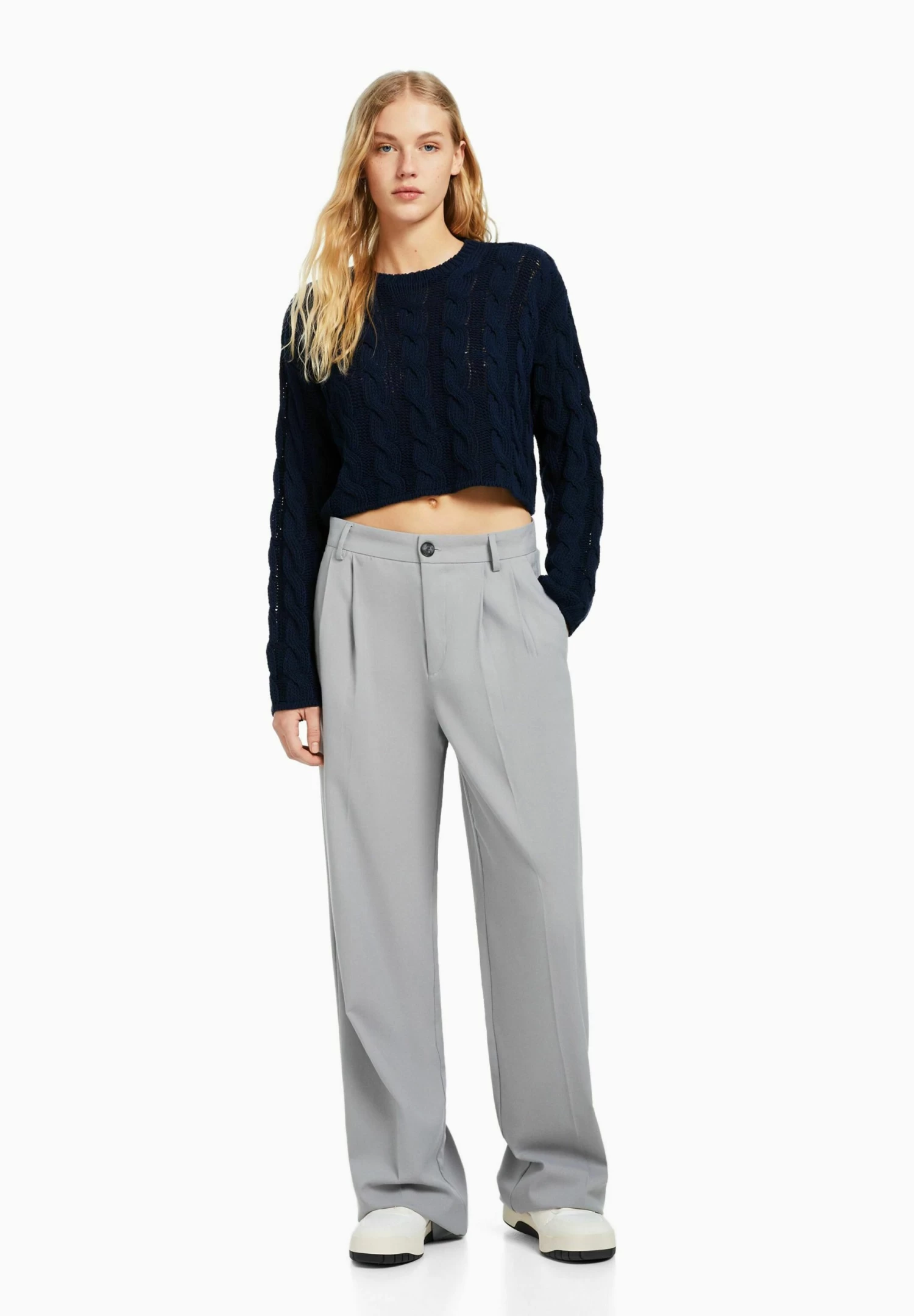 BERSHKA Cable-Round Neck - Trui - Dark Blue 2 BERSHKA Cable-Round Neck - Trui - Dark Blue - Afbeelding 2