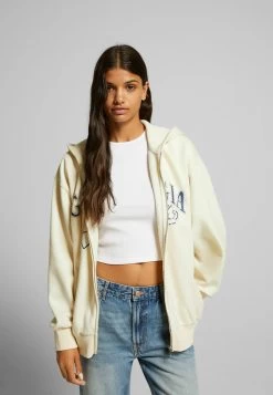 BERSHKA Printed With Puffer Hoodie - Sweater Met Rits - Beige