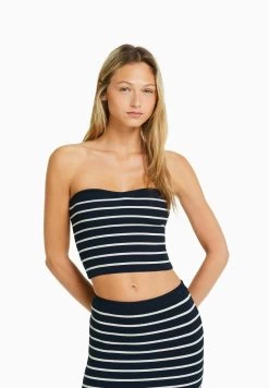 BERSHKA Striped Bandeau Crop - Top - Dark Blue