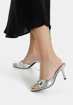 BERSHKA Metallic High-Heel - Muiltjes Met Hak - Silver-Coloured