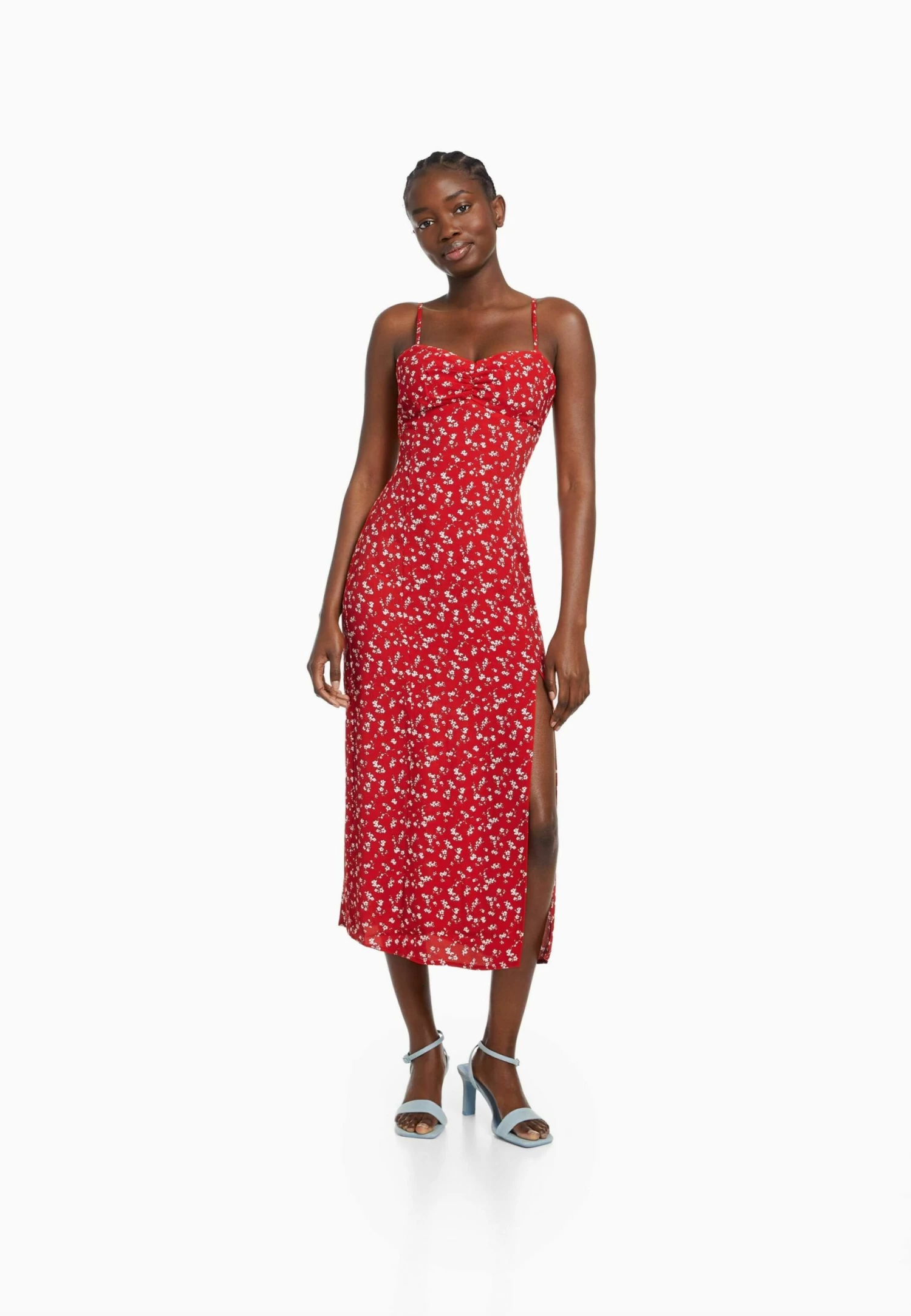 BERSHKA Strappy Floral - Midi - Jurk - Red 1 BERSHKA Strappy Floral - Midi - Jurk - Red
