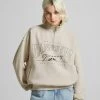 BERSHKA Zip - Print - Sweater - Sand
