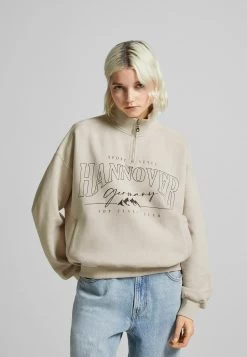 BERSHKA Zip - Print - Sweater - Sand