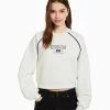 BERSHKA Round Neck Contrast - Print- Sweater - White