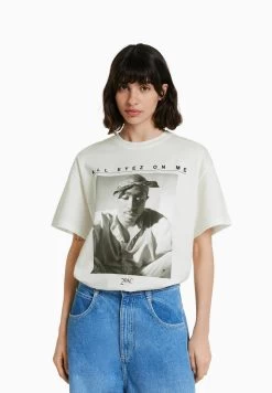 BERSHKA Short Sleeve Tupac - T-Shirt Print - White