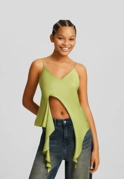 BERSHKA Strappy With Ruffles - Top - Green