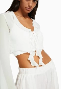 BERSHKA Ruffled Long Sleeve - Blouse - White -Bershka b824b11fe3aa4a5bb8bc46c003074670