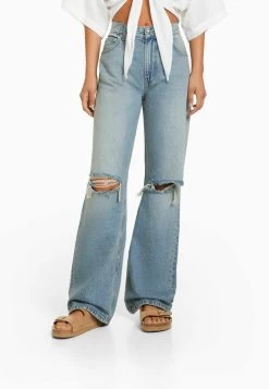 BERSHKA Wide 90S Ripped - Relaxed Fit Jeans - Light Blue