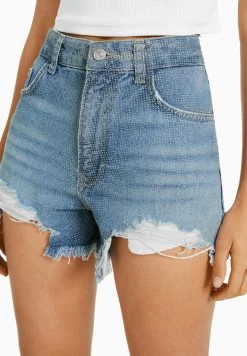 BERSHKA Ripped Shiny - Jeansshort - Light Blue Denim -Bershka b9b0bd25b4aa45698bcba32d5b507754