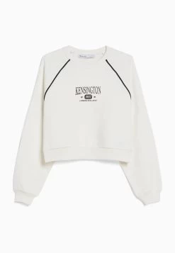 BERSHKA Round Neck Contrast - Print- Sweater - White -Bershka bba8384d5a2449438570271a20819179