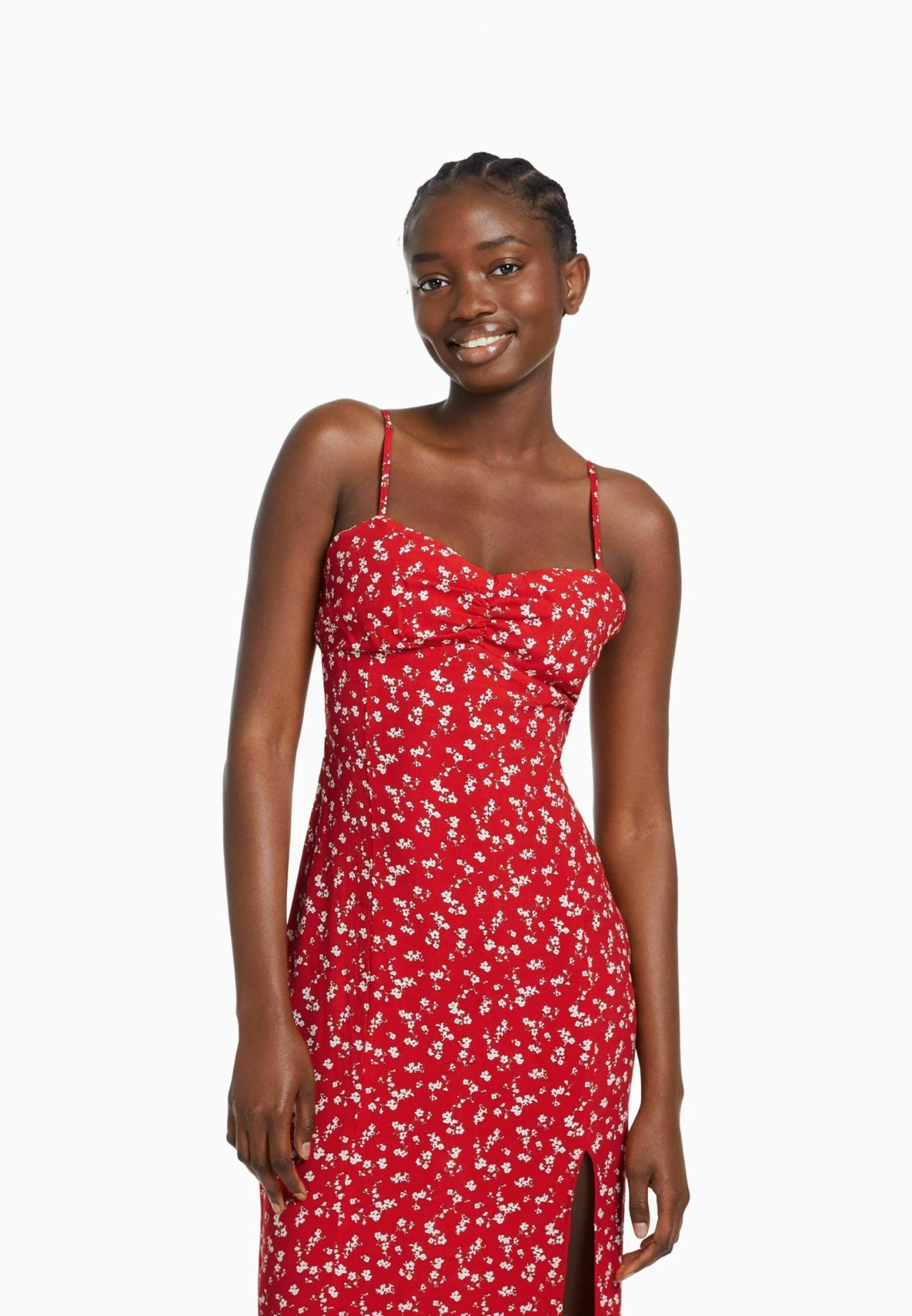 BERSHKA Strappy Floral - Midi - Jurk - Red 3 BERSHKA Strappy Floral - Midi - Jurk - Red - Afbeelding 3