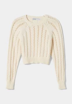 BERSHKA Cropped Round Neck Open - 01663376 - Trui - Beige -Bershka bca9b8a1e9fe448596f718a99cd05fa2