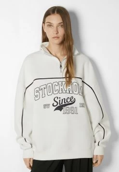 BERSHKA San Diego Print Half Zip - Sweater - White