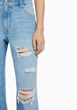 BERSHKA Wide-Leg Ripped - Flared Jeans - Light Blue Denim -Bershka bd263047ceb247fc974713f1c036f709