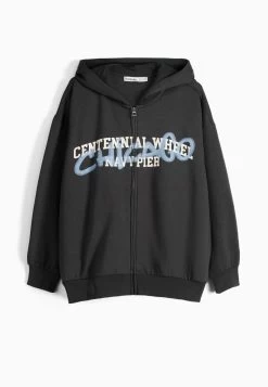 BERSHKA Printed With Puffer Hoodie - Sweater Met Rits - Dark Grey -Bershka be9fcea9d4034b48ba88c5556b9cf4bc