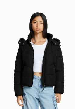 BERSHKA Hood Puffer- Winterjas - Black