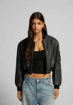 BERSHKA Distressed - Imitatieleren Jas - Black
