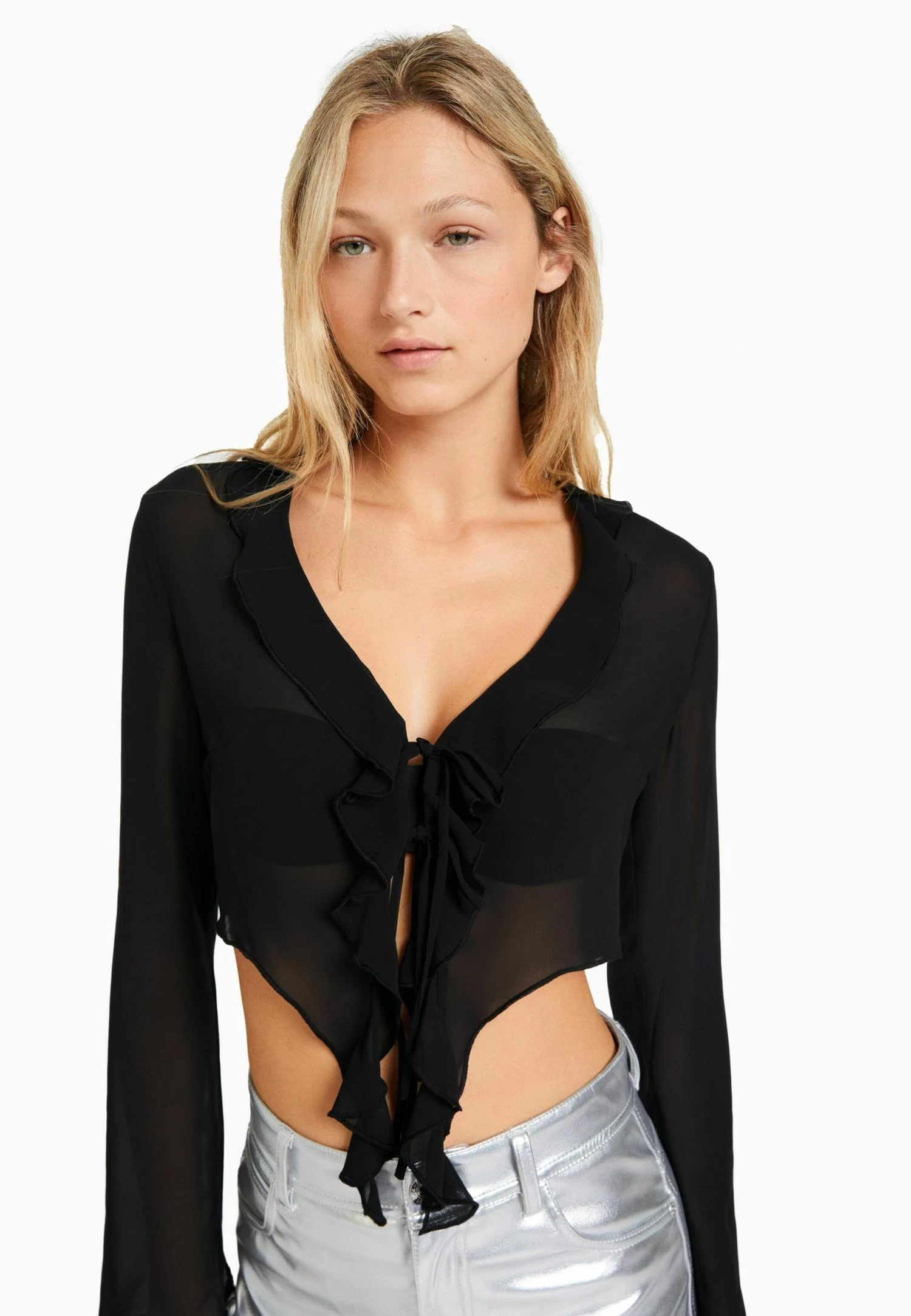 BERSHKA Ruffled Long Sleeve - Blouse - Black 5 BERSHKA Ruffled Long Sleeve - Blouse - Black - Afbeelding 5