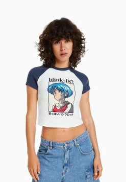 BERSHKA Short Raglan Sleeve Blink - T-Shirt Print - Royal Blue