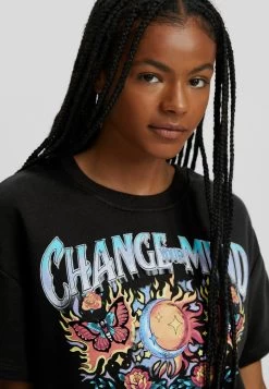 BERSHKA Short Sleeve- Cropped - T-Shirt Print - Dark Grey -Bershka c8ef1f6a10f444d7a4ede23833e2925d