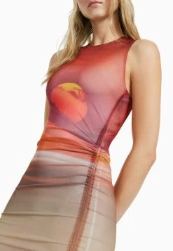BERSHKA Sleeveless Printed - Etui-Jurk - Orange -Bershka c9693b566dac4ff38ffea0acacd3be6d