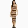 BERSHKA Striped Bandeau Midi - Gebreide Jurk - Brown