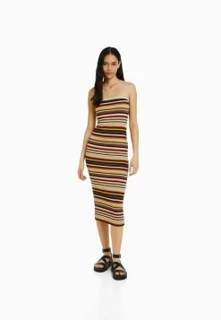 BERSHKA Striped Bandeau Midi - Gebreide Jurk - Brown