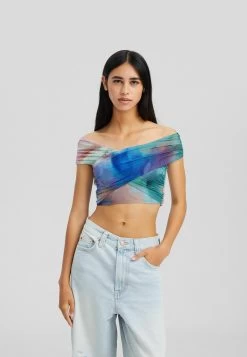 BERSHKA Crossover Short Sleeve - Blouse - Light Blue