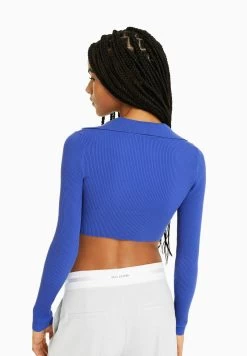 BERSHKA Cropped Buttoned - Vest - Blue -Bershka ce743a1b04f94d0fae0a01b971fd9458