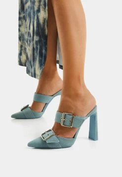 BERSHKA Buckled - Muiltjes Met Hak - Blue Denim