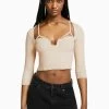 BERSHKA Neckline With Beading Detail - Trui - Beige