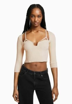 BERSHKA Neckline With Beading Detail - Trui - Beige