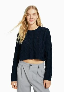BERSHKA Cable-Round Neck - Trui - Dark Blue